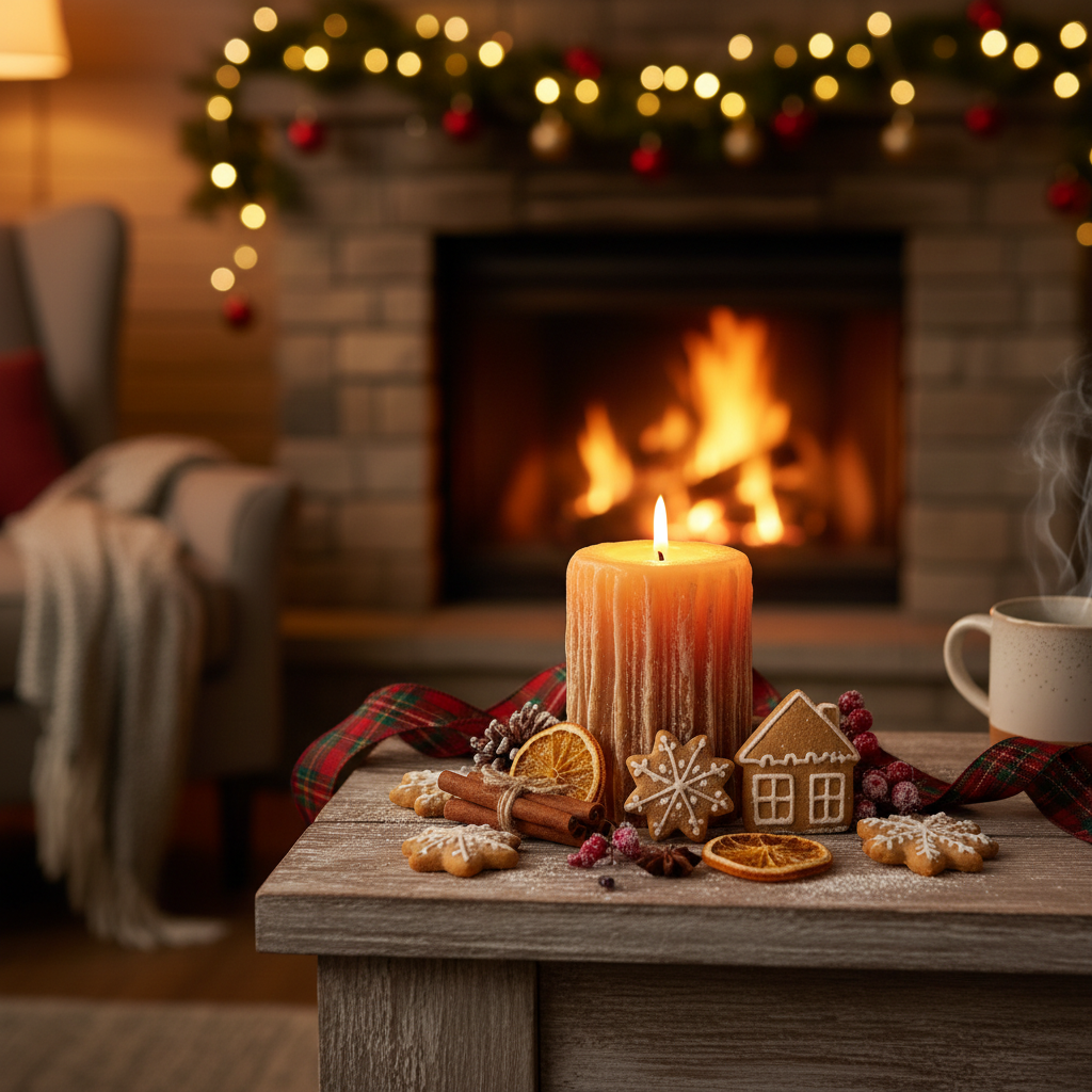 Warm gingerbread hearth candle styled with gingerbread cookies and cinnamon sticks