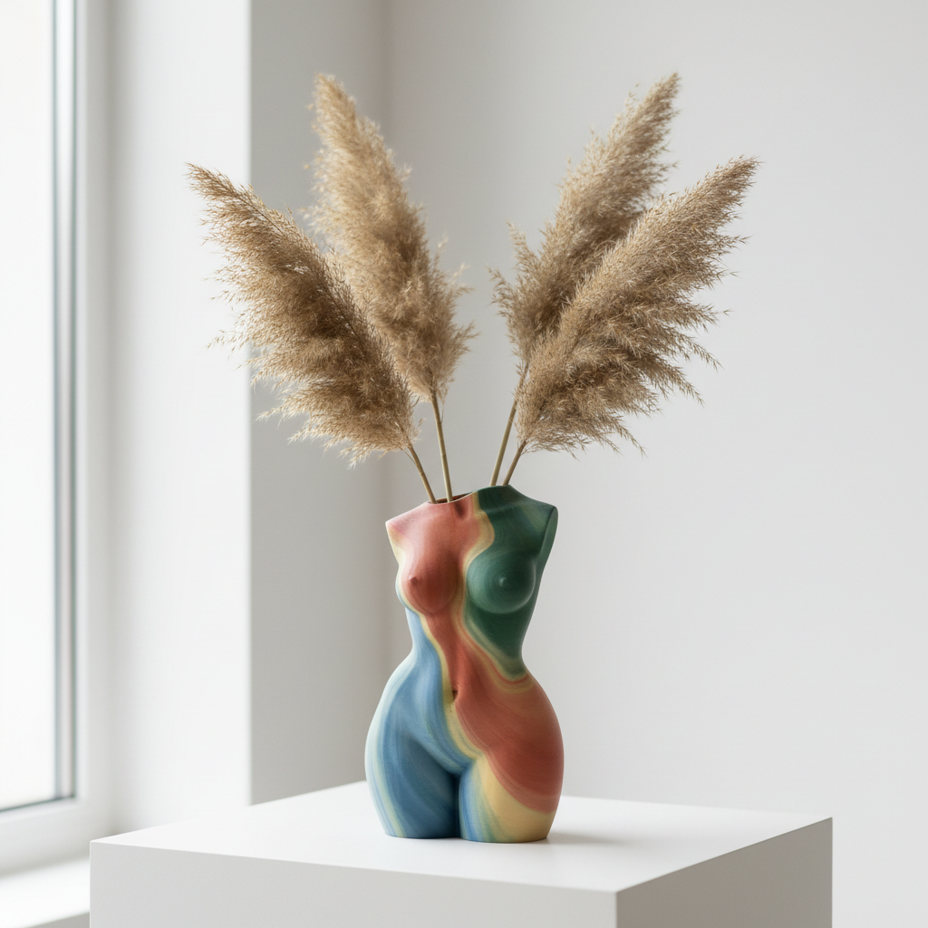 3D printed multi-tonal body vase with pampas grass on white surface