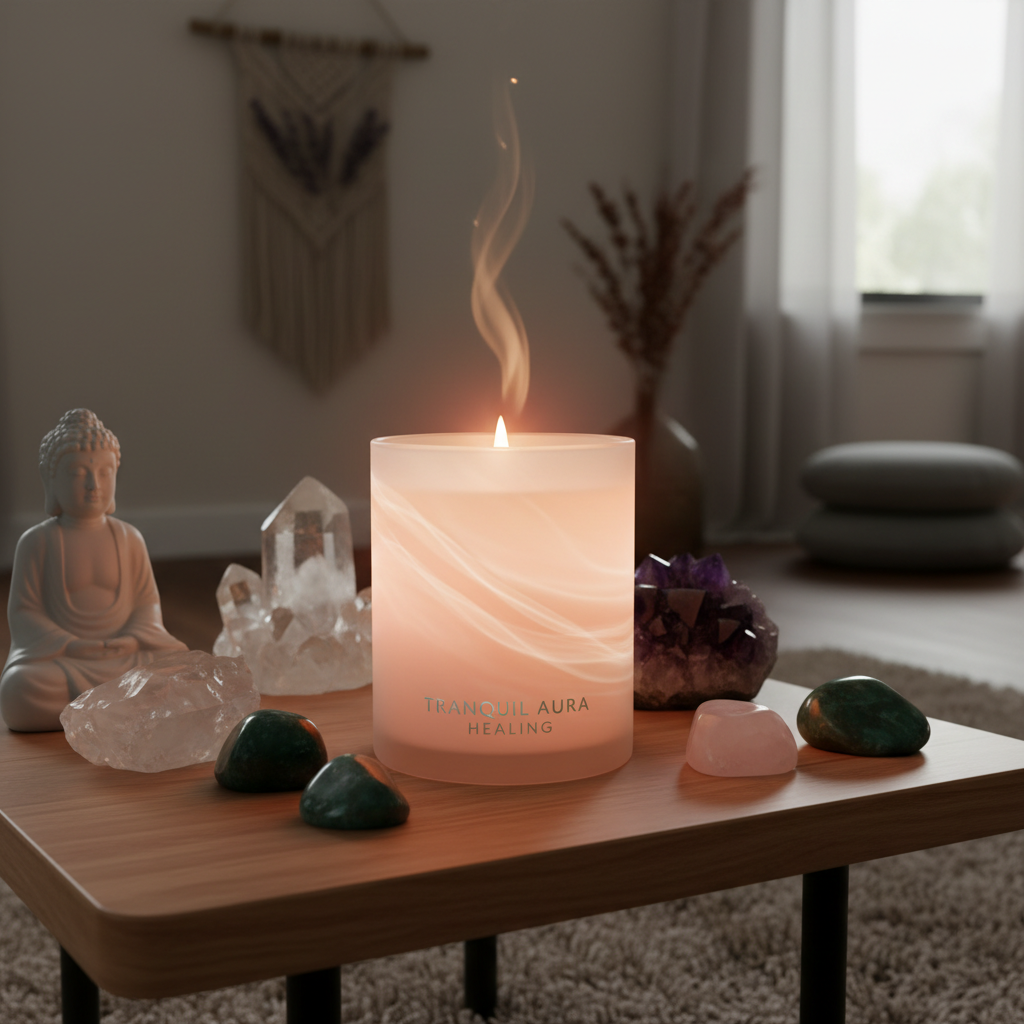 Tranquil healing aura jar candle burning in meditation space with crystals