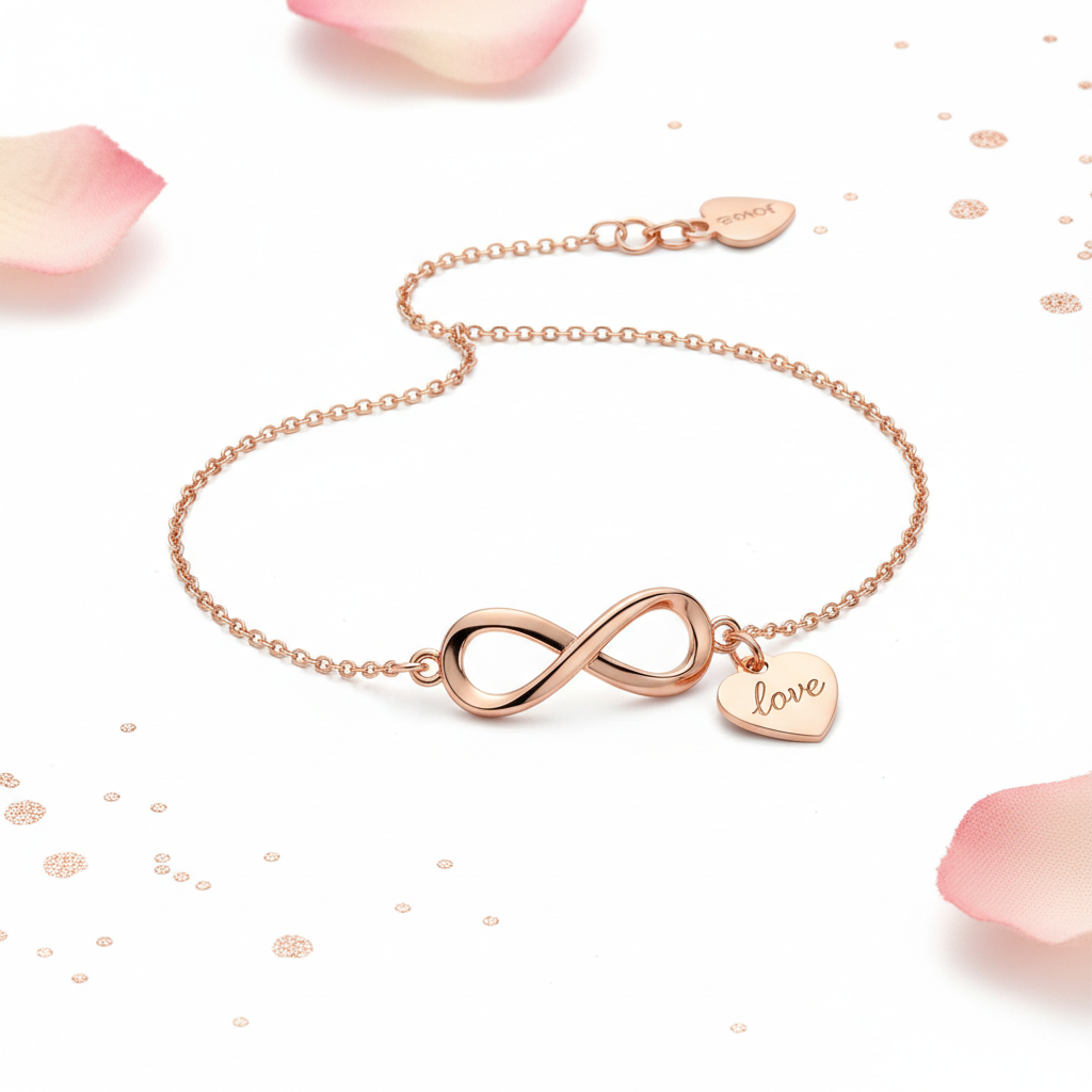 Rose gold infinity bracelet with love charm on delicate chain