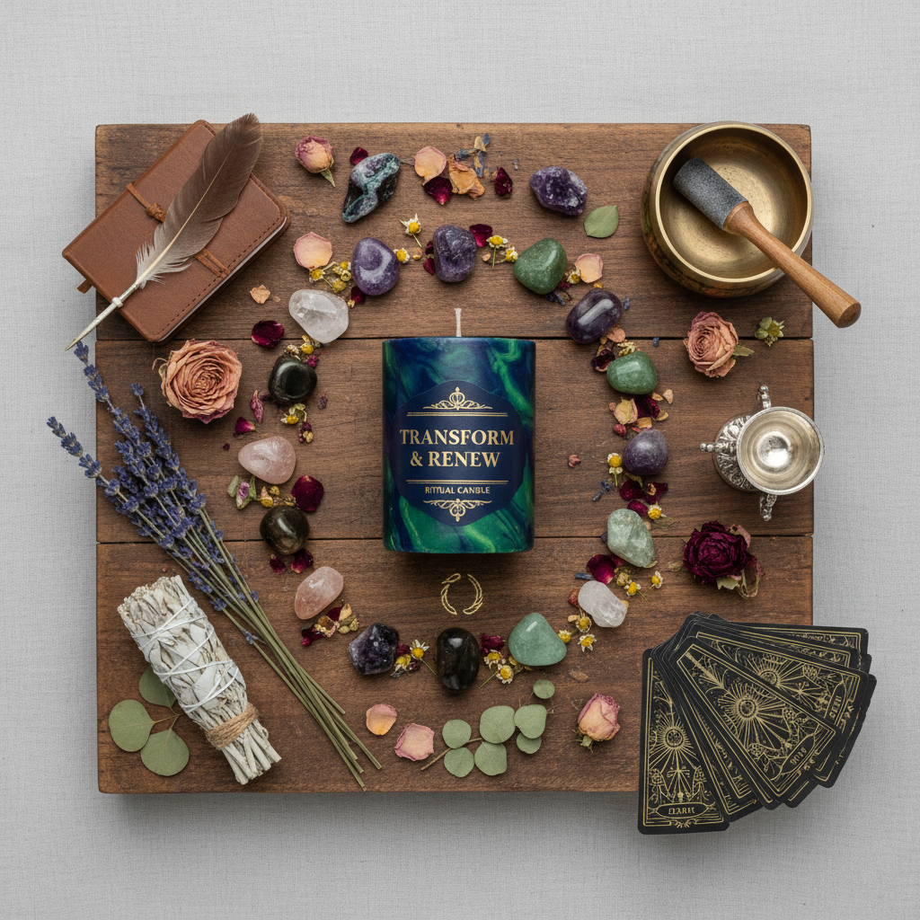 Overhead flat lay of transform and renew ritual candle with crystals and flowers