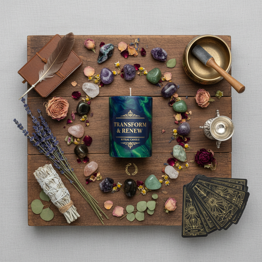 Overhead flat lay of transform and renew ritual candle with crystals and flowers