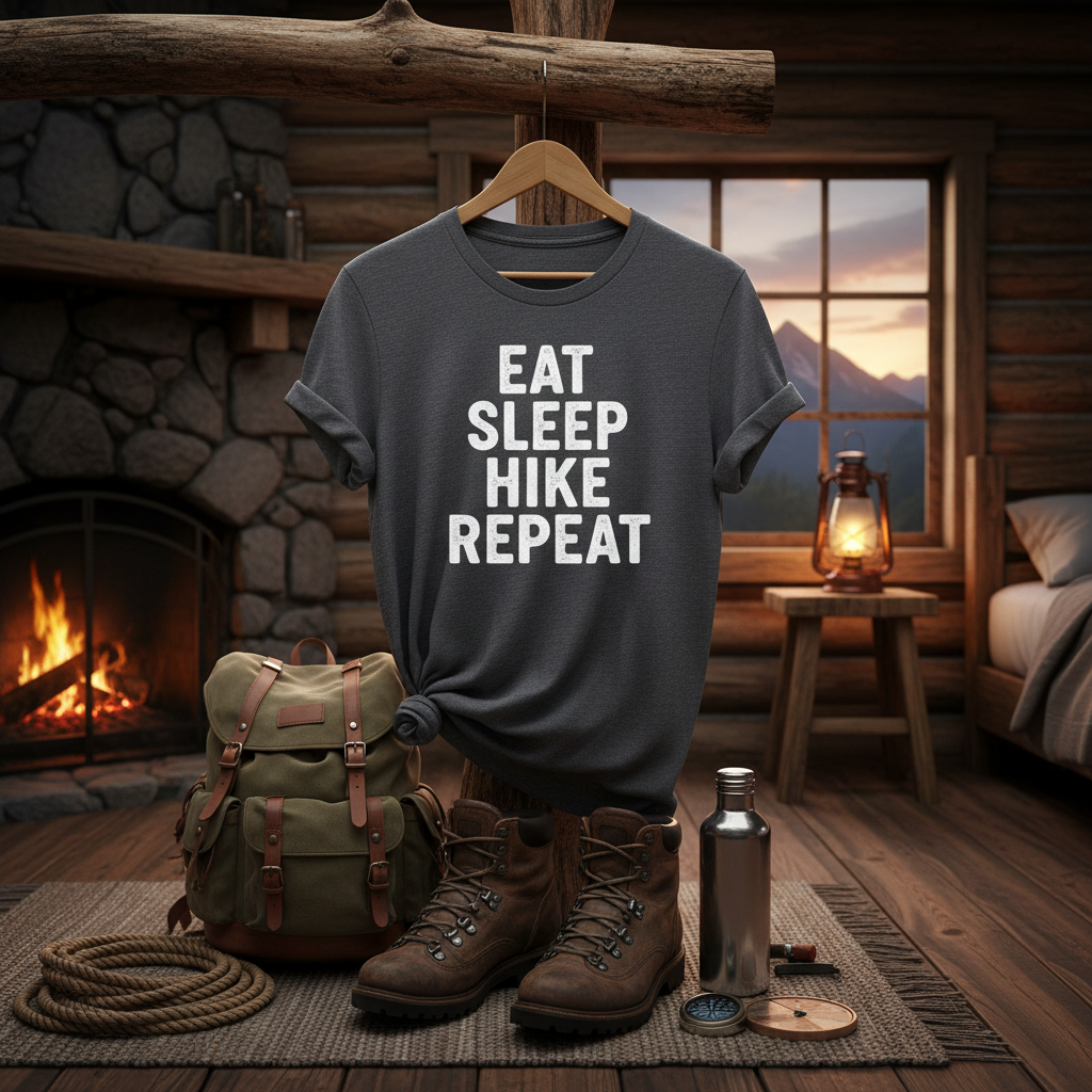Eat sleep hike repeat t-shirt hanging with hiking gear and boots