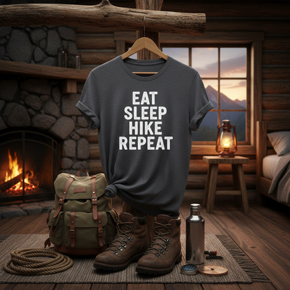 Eat sleep hike repeat t-shirt hanging with hiking gear and boots