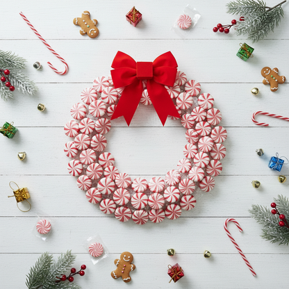 Overhead flat lay of peppermint wreath with candy canes and holiday decorations