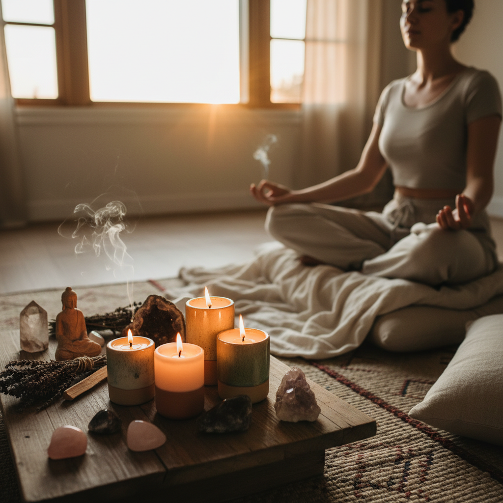 Transform and renew ritual candle burning in meditation space with crystals