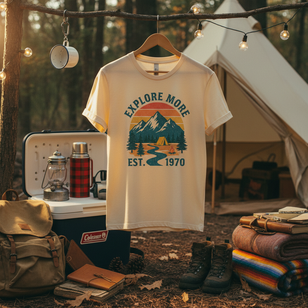 Retro adventure t-shirt on hanger with vintage camping gear