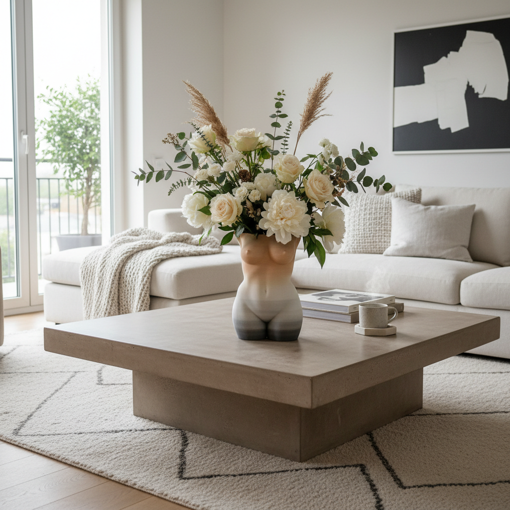 3D printed body vase on coffee table in contemporary living room