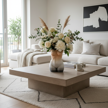 3D printed body vase on coffee table in contemporary living room