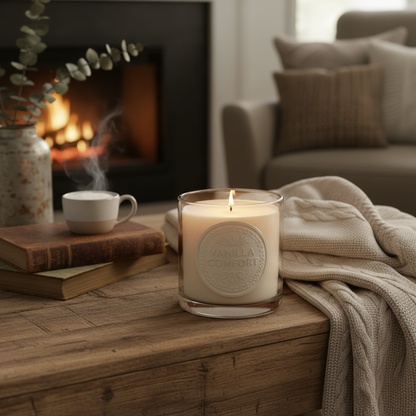 Vanilla Comfort scented candle with cozy rustic decor
