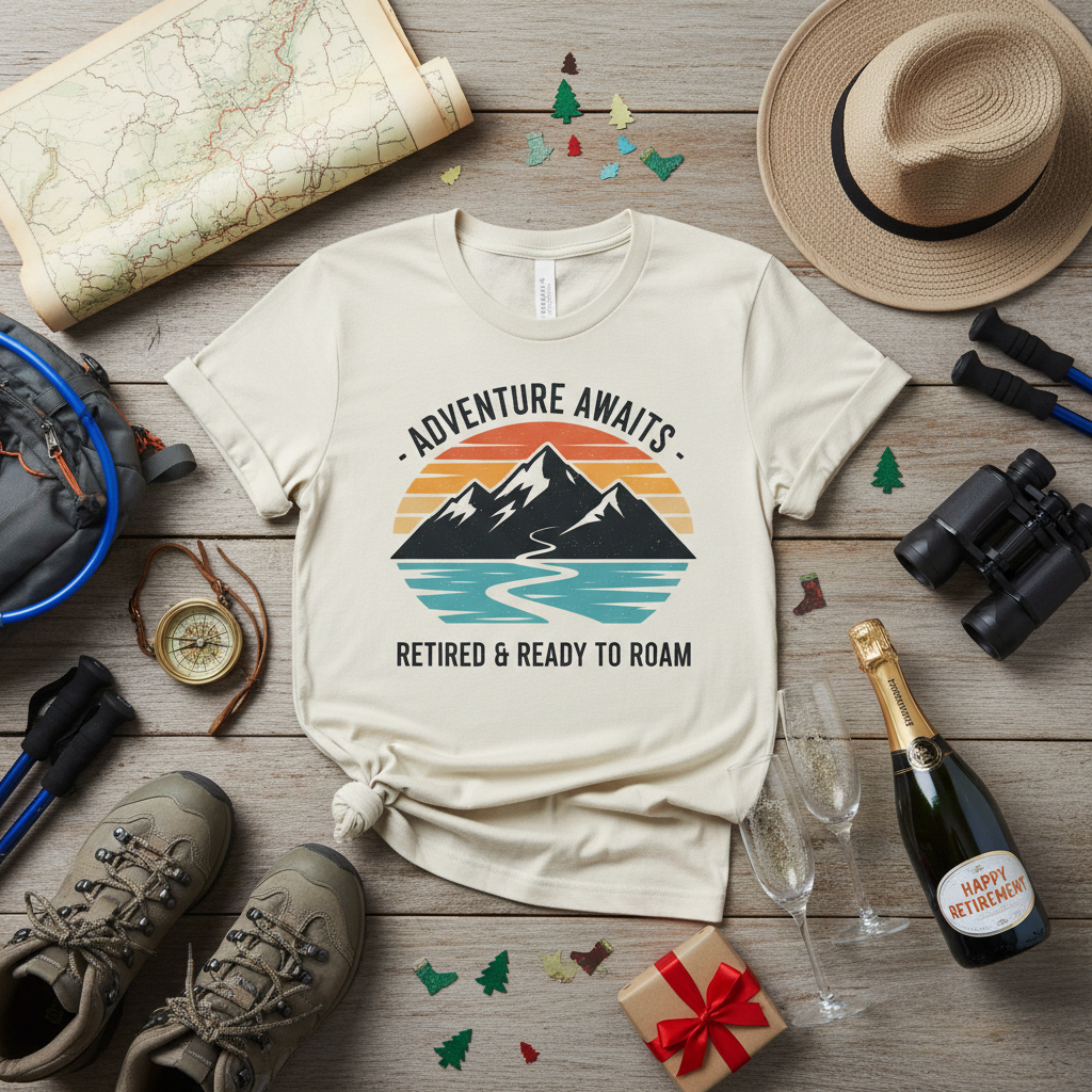 Overhead flat lay of folded retirement hiking t-shirt with trail map and compass