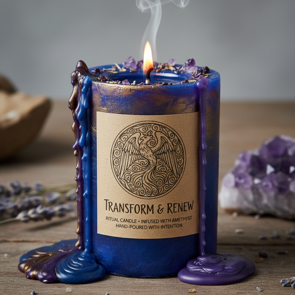 Close-up of transform and renew ritual candle showing wax and label details
