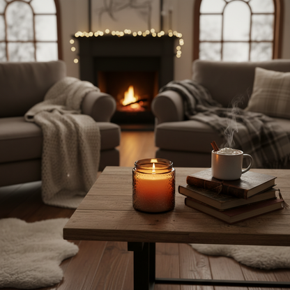 Amber glow candle on coffee table in cozy living room with blankets