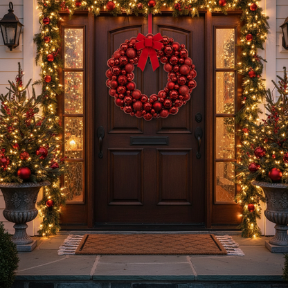 Red ornament wreath hanging on elegant front door with holiday decorations