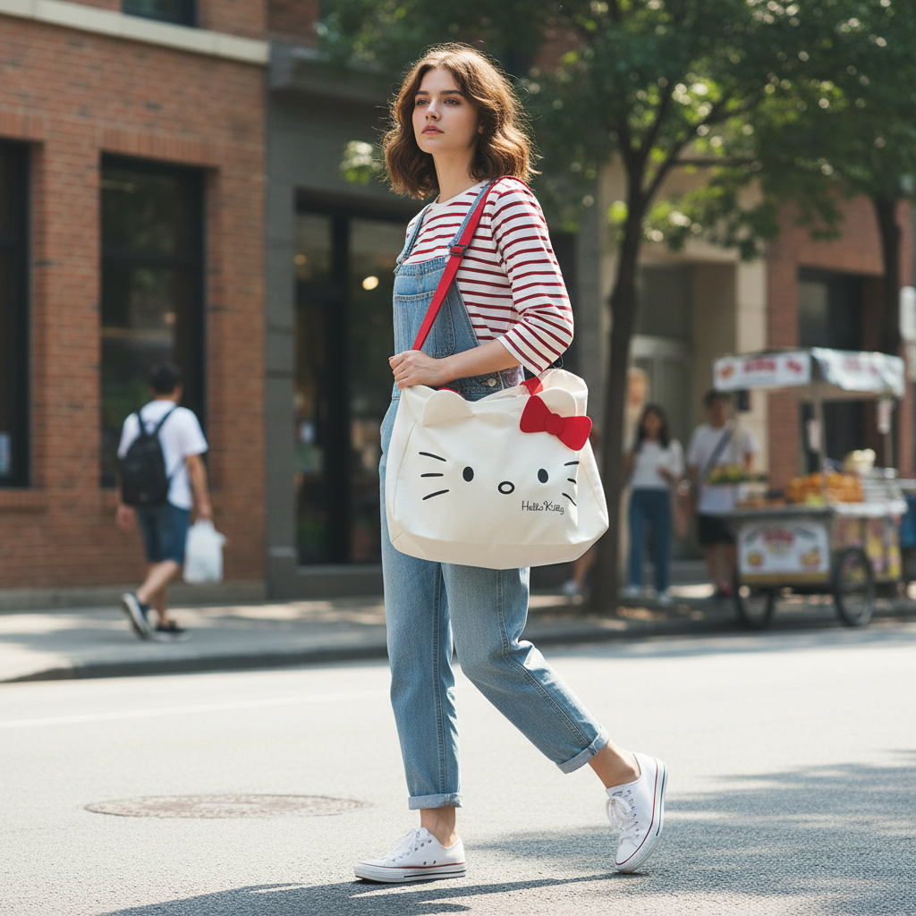 Person carrying white Hello Kitty bag in casual setting