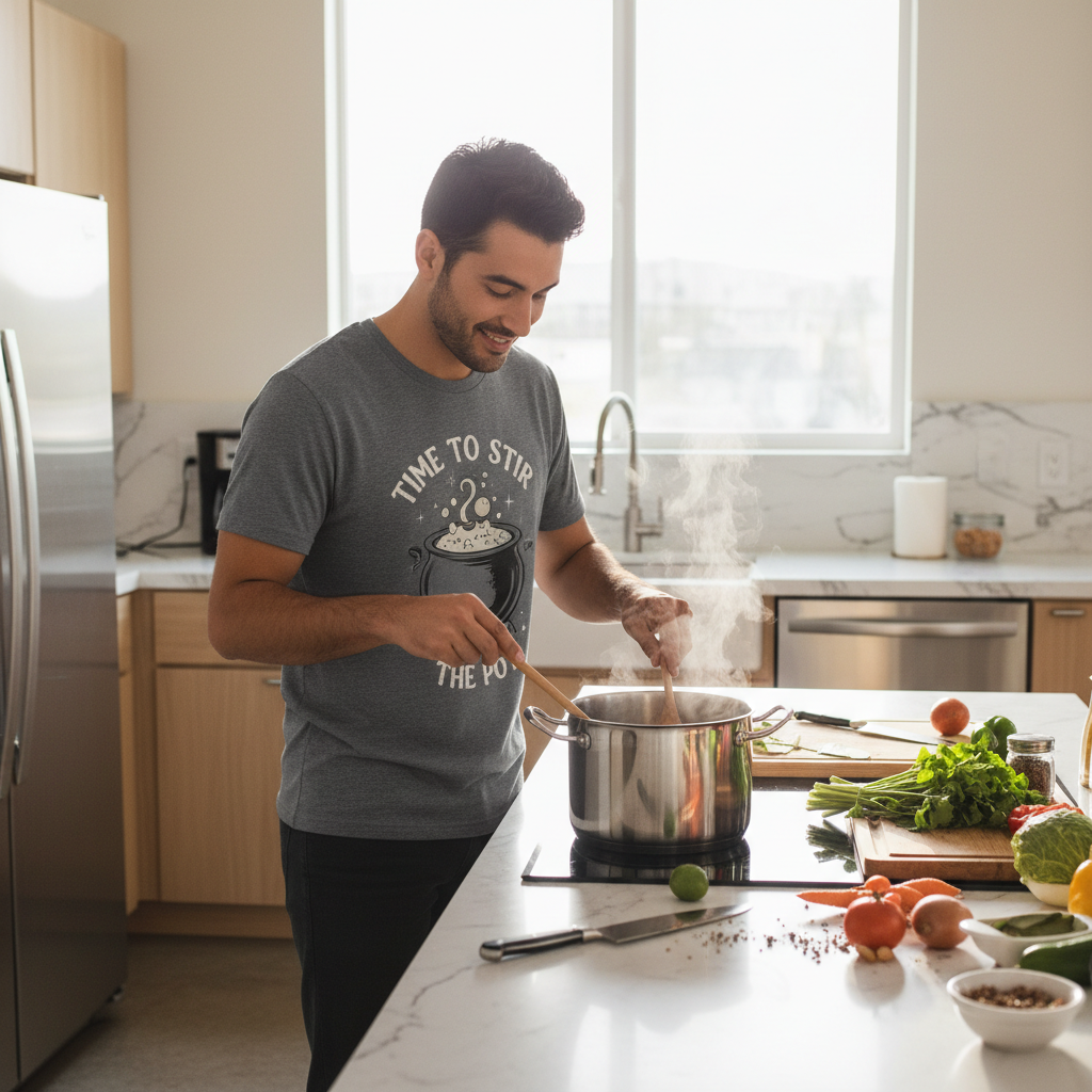 Person wearing time to stir the pot t-shirt while cooking in modern kitchen