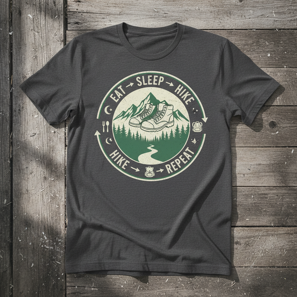 Eat sleep hike repeat graphic t-shirt with hiking boots and mountains on rustic wood