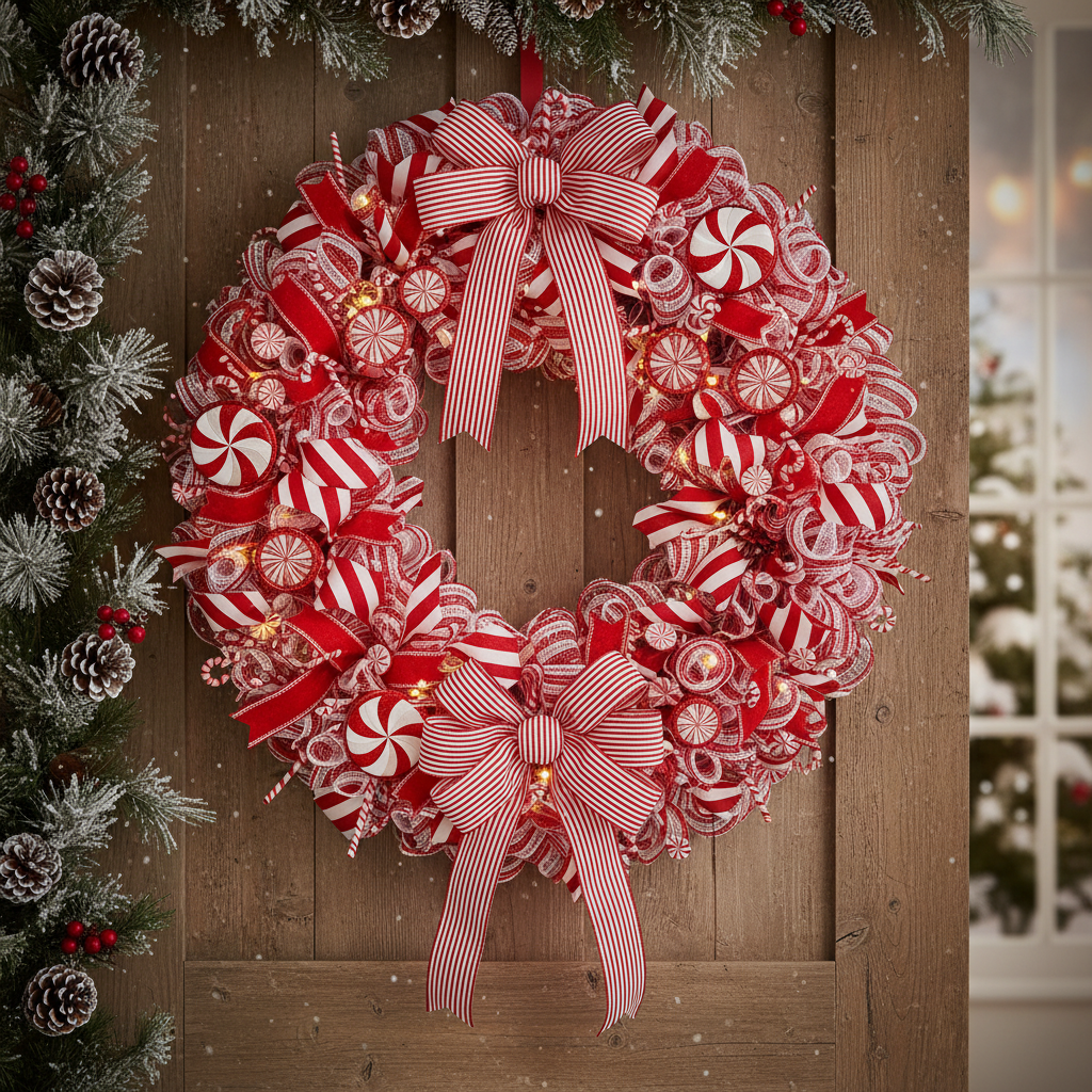 24 inch red and white peppermint wreath hanging on rustic wooden door