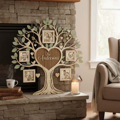 Love tree personalized sign styled with family photos and home decor