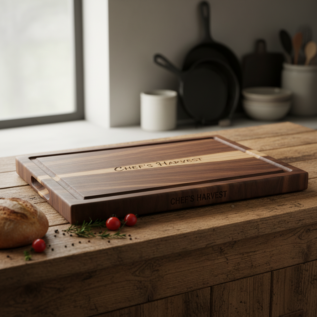 Premium handcrafted personalized wooden cutting board with custom engraving on rustic kitchen counter