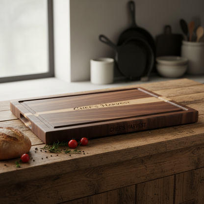 Premium handcrafted personalized wooden cutting board with custom engraving on rustic kitchen counter