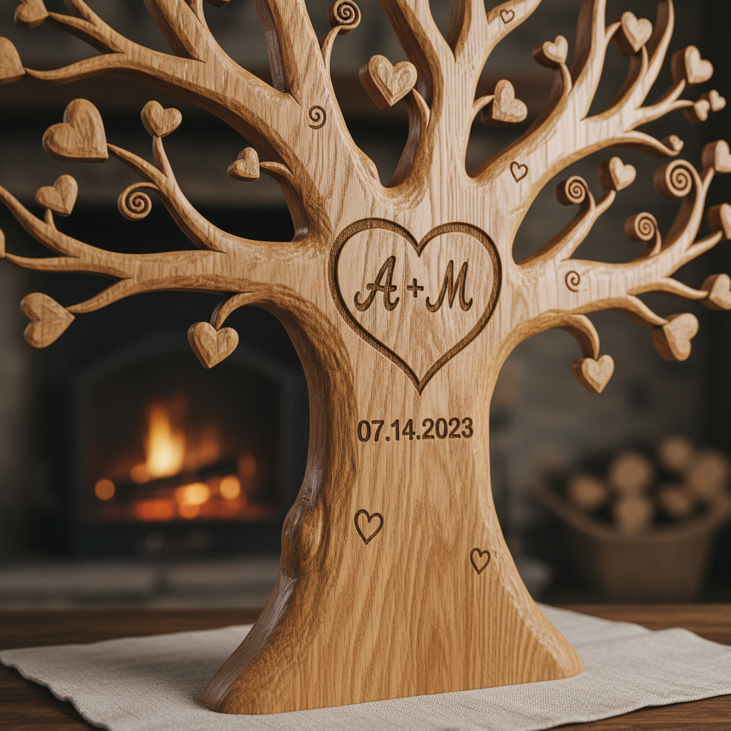 Close-up detail of personalized love tree showing carved names and heart details