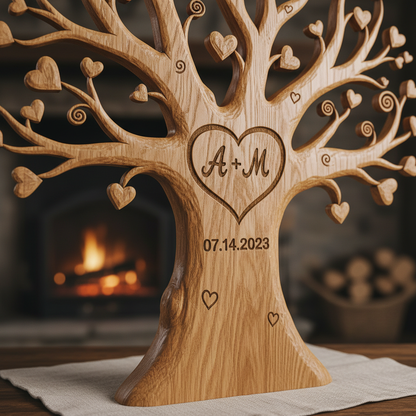 Close-up detail of personalized love tree showing carved names and heart details
