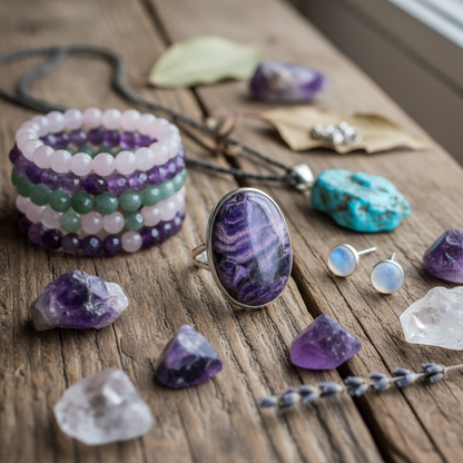 Charoite ring styled with natural stone jewelry on rustic surface