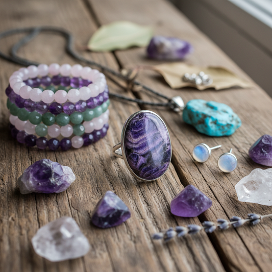 Charoite ring styled with natural stone jewelry on rustic surface