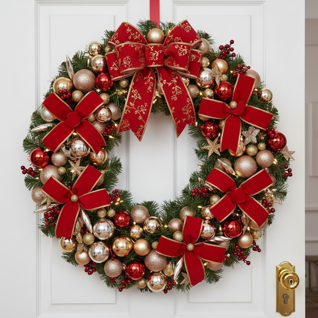 Luxurious red Christmas wreath covered with shimmering ornaments on white door