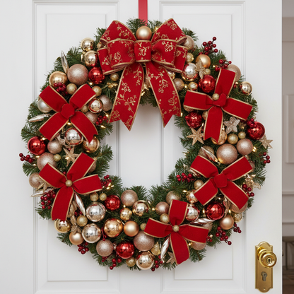 Luxurious red Christmas wreath covered with shimmering ornaments on white door