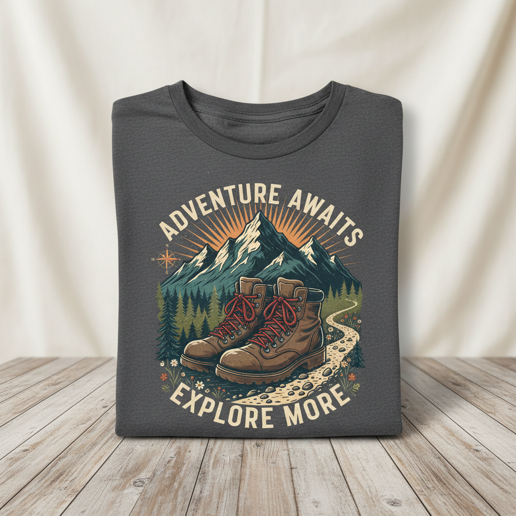 Adventure hiker graphic t-shirt with hiking boots and mountain peaks on wooden surface