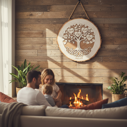 Personalized love tree sign hanging on rustic wall in cozy home