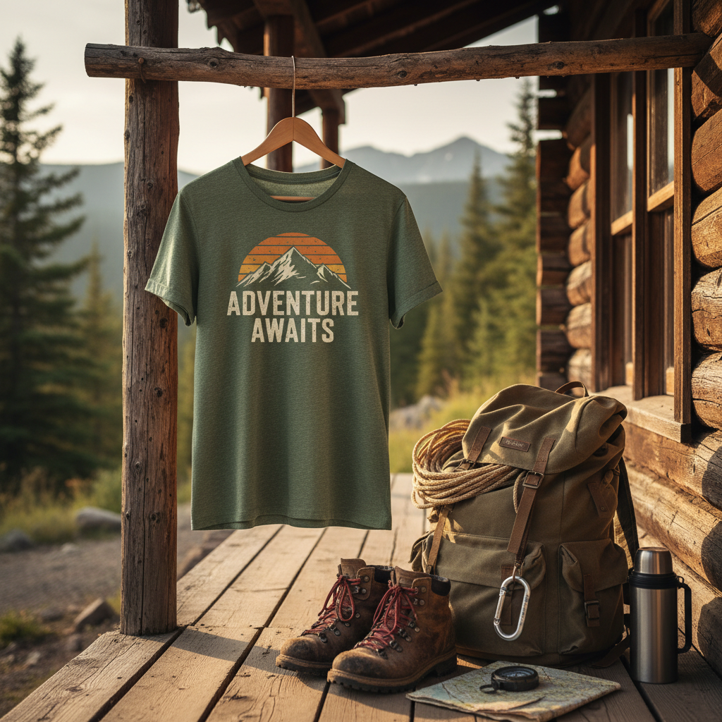 Adventure hiker t-shirt on hanger with hiking boots and backpack in cabin