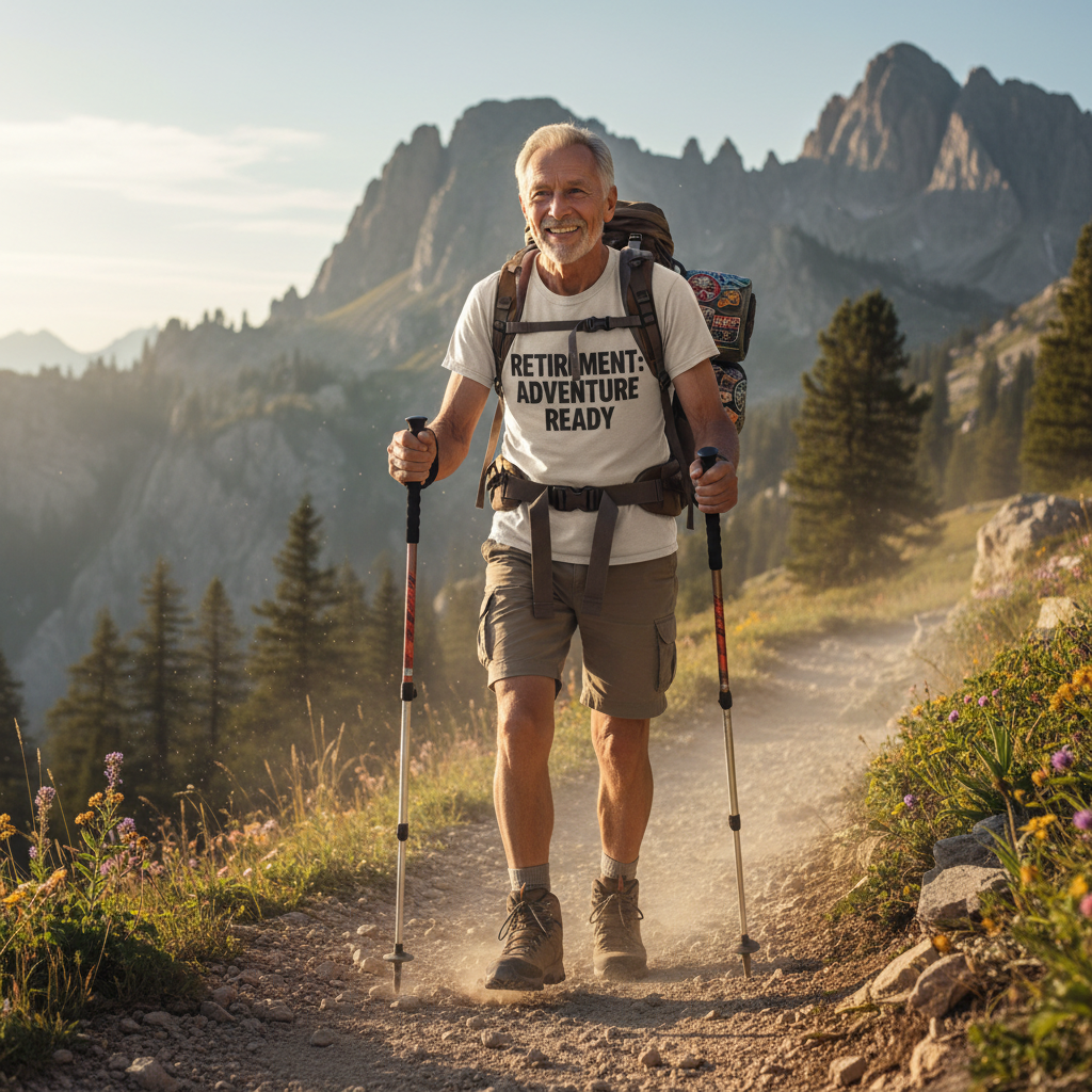 Active senior wearing adventure ready retirement hiking t-shirt on mountain trail