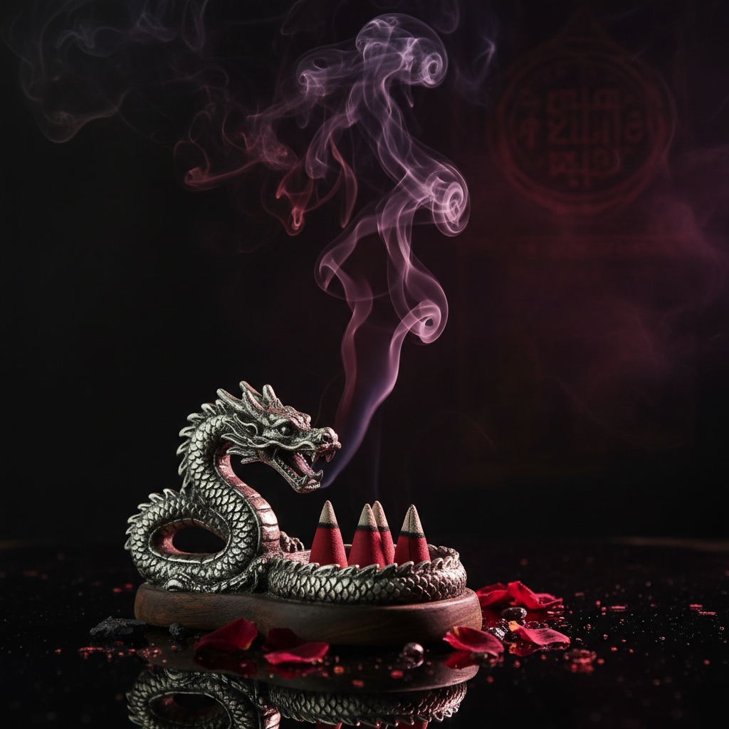 Dragon's Blood incense cones in decorative holder with smoke rising