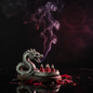 Dragon's Blood incense cones in decorative holder with smoke rising