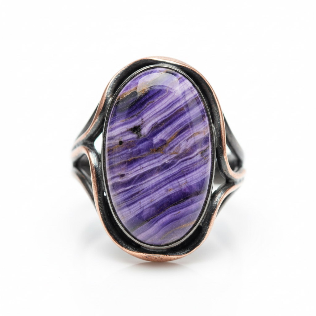 Vibrant purple charoite gemstone ring in metal alloy setting