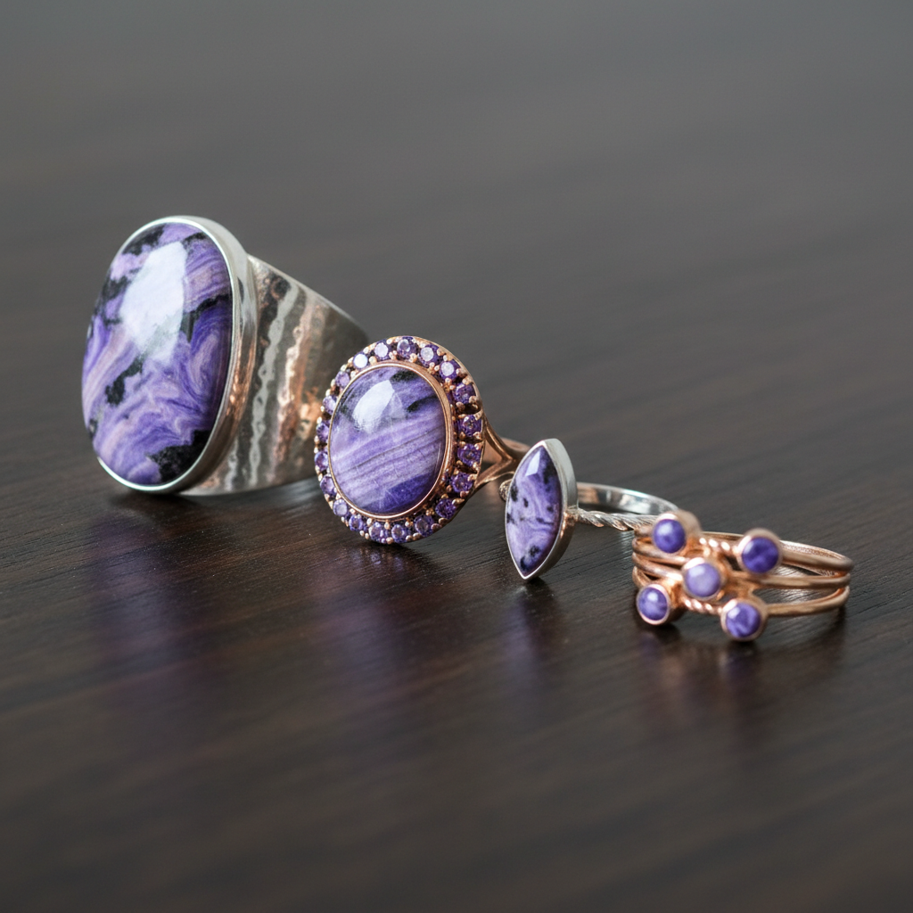 Multiple charoite rings in different sizes