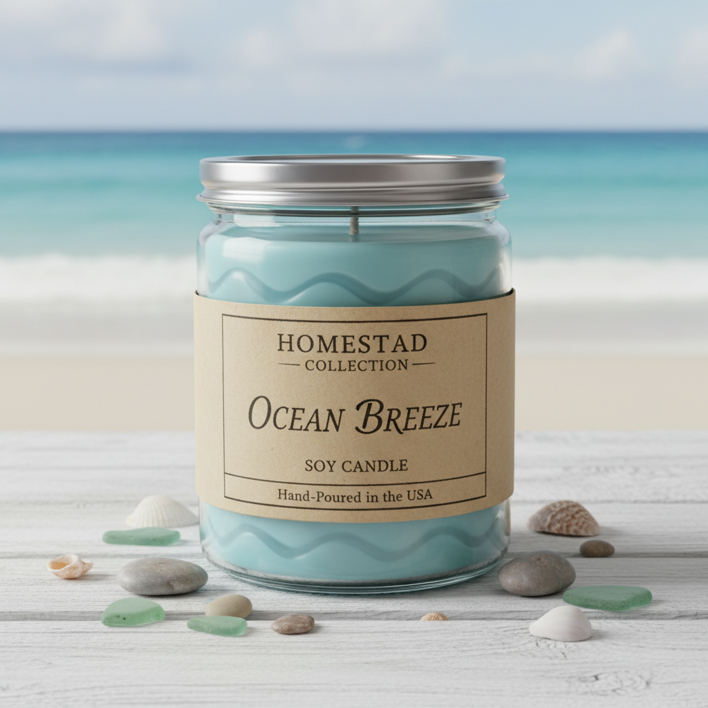 Ocean Breeze scented soy candle from homestead collection