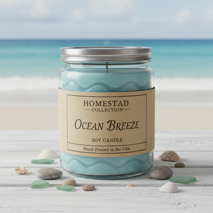 Ocean Breeze scented soy candle from homestead collection