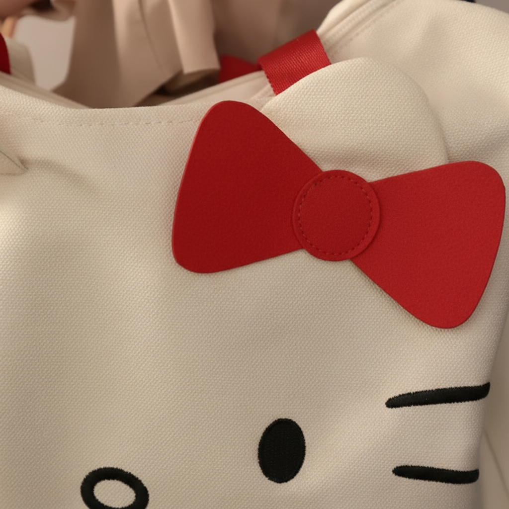 Close-up detail of white Hello Kitty bag showing design details