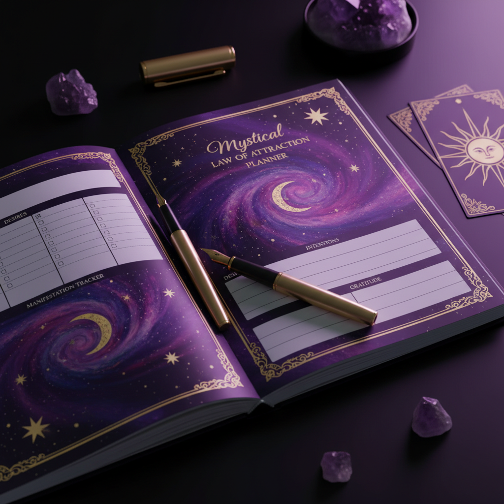 Manifestation journal with purple celestial cover and gold moon and stars