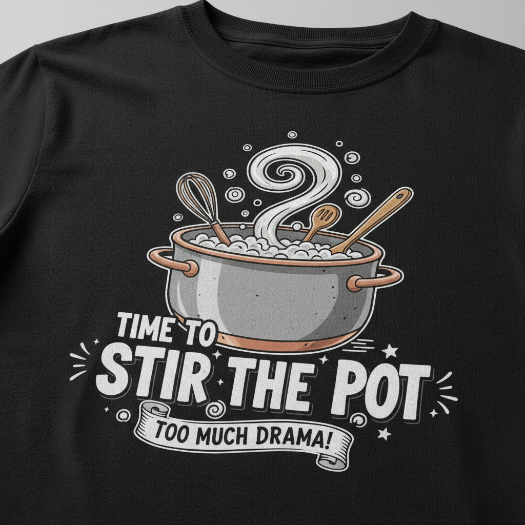 Close-up of time to stir the pot t-shirt showing cooking pot illustration and funny text