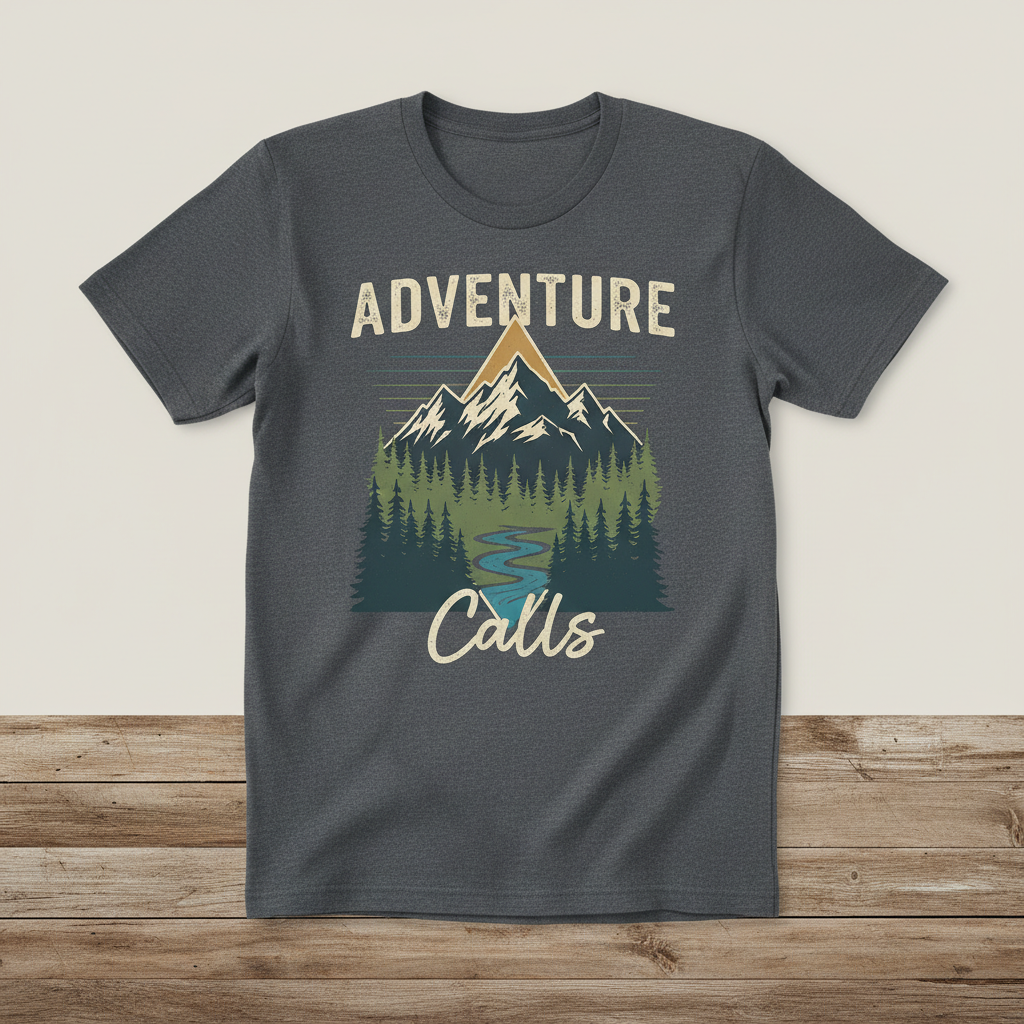 Adventure nature graphic t-shirt laid flat on rustic wooden surface