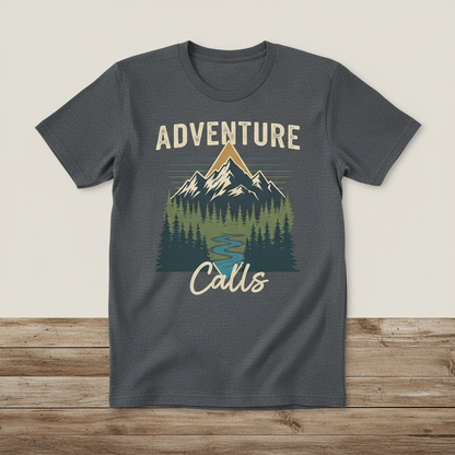 Adventure nature graphic t-shirt laid flat on rustic wooden surface
