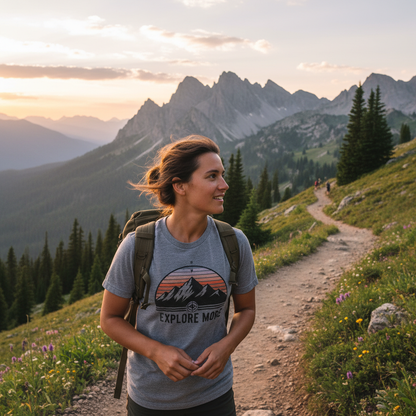 Person wearing adventure nature graphic t-shirt on hiking trail