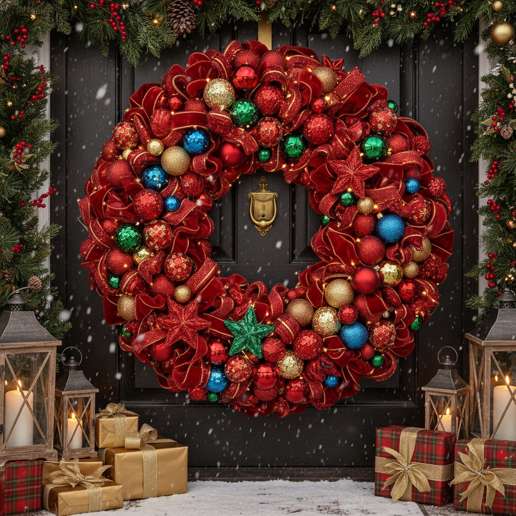 Hand-crafted red luxury wreath with shimmering ornaments and holiday lights