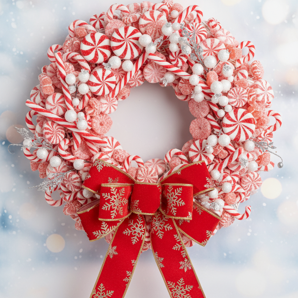 Close-up of peppermint wreath showing candy cane and peppermint candy details