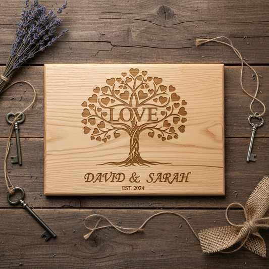 Overhead view of personalized love tree sign showing wood grain texture